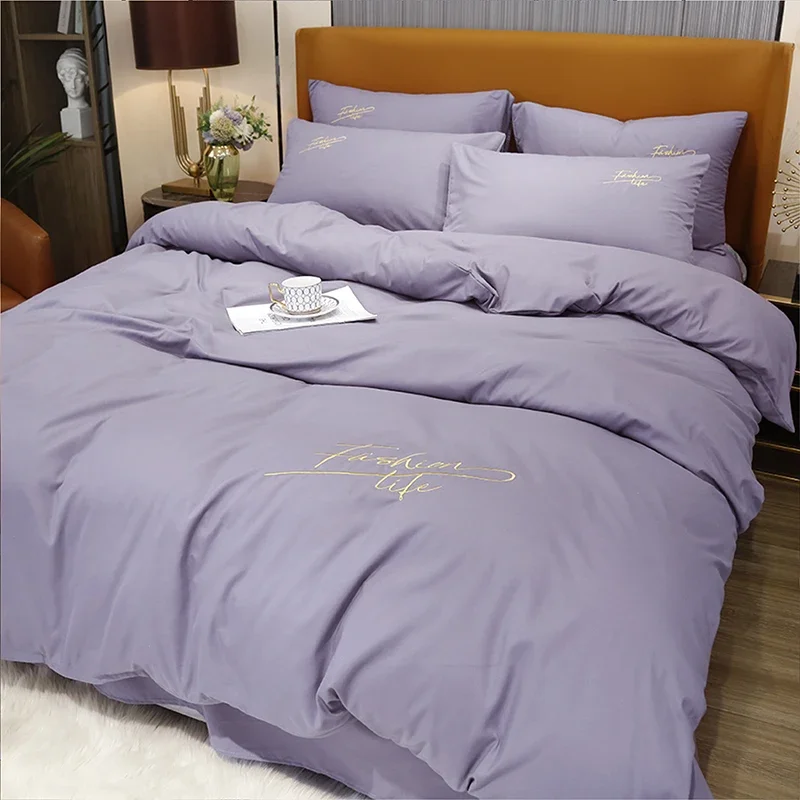 

В наличии 5 размеров! Фиолетовое постельное белье с вышивкой, Комплект постельного белья, 1 шт., наволочка, 1 шт., простыня, 1/2 шт., наволочки M020