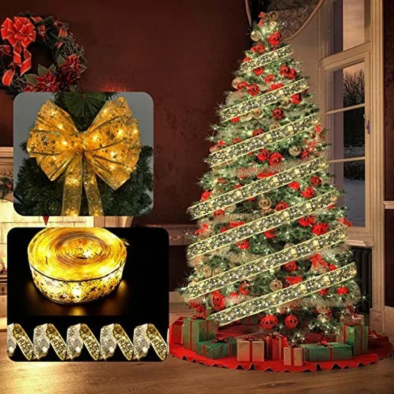 Ribbon Fairy Light Christmas Decoration Christmas Tree Ornaments For Home Bows String Lights Navidad Natal New Year