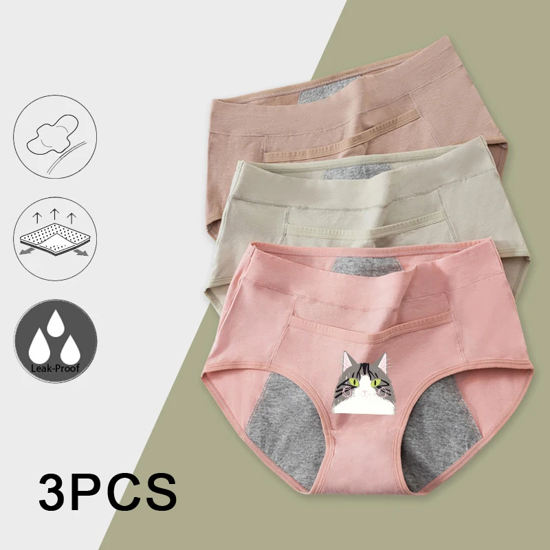 3 pièces culottes menstruelles en coton anti-fuite respirant dessin animé chat culottes femme femmes filles pantalons physiologiques femmes intimes