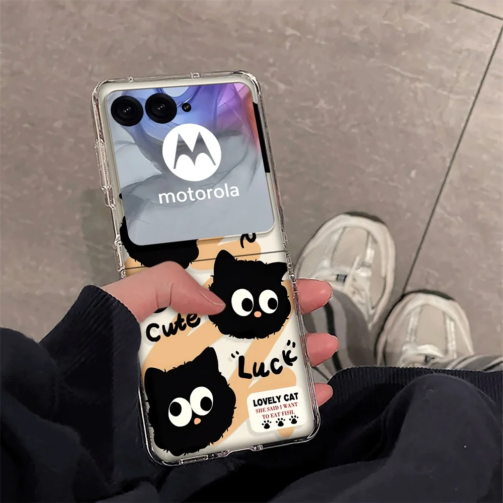 Cute Lazy Black Cat Transparent Hard Folding Phone Case Cover