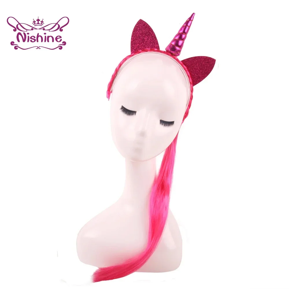 Rainbow Color Ponytail Unicorn Horn Headbands Glitter Ears Kids Girls Princess Braid Wig Hair Bands Headwear Accessories nylon hair tie