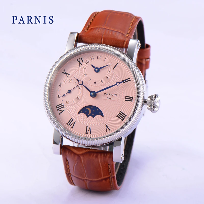 

New Parnis 43mm Pink Dial Handwind Men's Watch Leather Strap Mechanical Hand Wind Wristwatches For Men 2024 Luxury Clock Gift