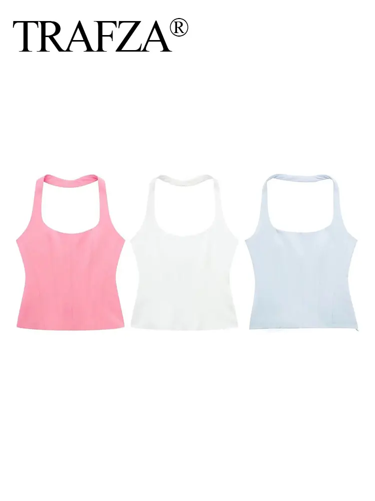 HH 2024 Women Halter Neck Top Fashion Sleeveless Short Slim Fit Sexy Tank Top Y2k Summer Casual Elegant Woman Solid Tops
