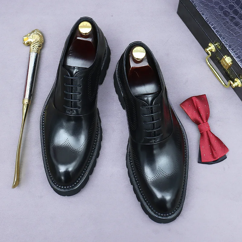 New Men's Casual Shoes British Top Layer Cowhide Business Formal Thick Sole Increased Leather Derby Shoes Leather Shoes for Men 6