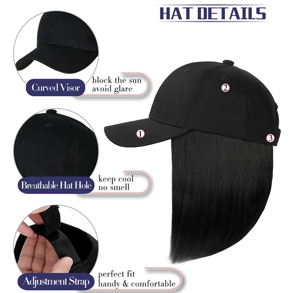 Synthetic Black Baseball Wig Cap for Women
