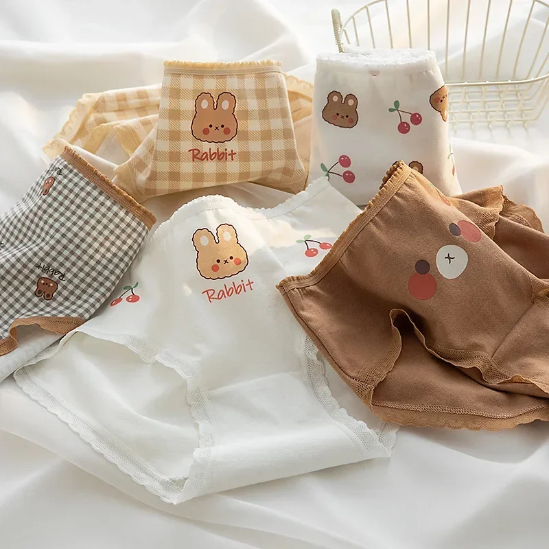 

New Cute Cotton Panties Women's Underwear Panty Girl Cartoon Briefs Mid Waist Seamless Underpants Female Plaid Lingerie M-XL