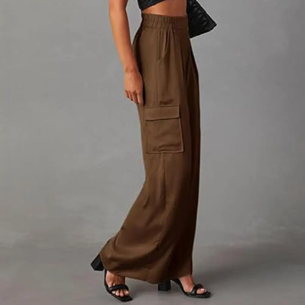 

Female Solid Color Pants Women's Casual Cargo Pants Mid-rise Elastic Waist Wide Leg Trousers with Multi Pockets for Everyday