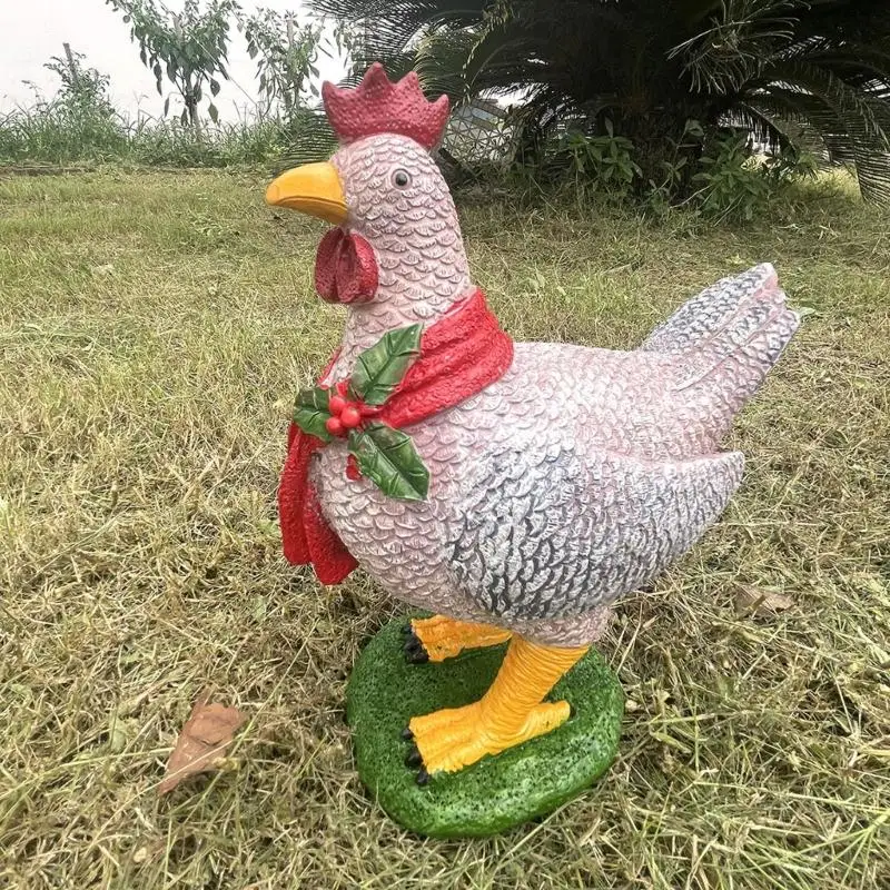 F68D Glowing Chicken with Scarf Christmas Ornaments Resin Animal Statues Decoration