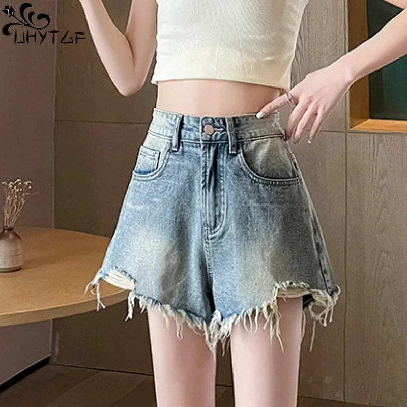 

UHYTGF Ripped Denim Shorts For Women's Summer Thin New Streetwear High Waist Loose Wide Leg Raw Edge A-Line Ladies Jeans Shorts