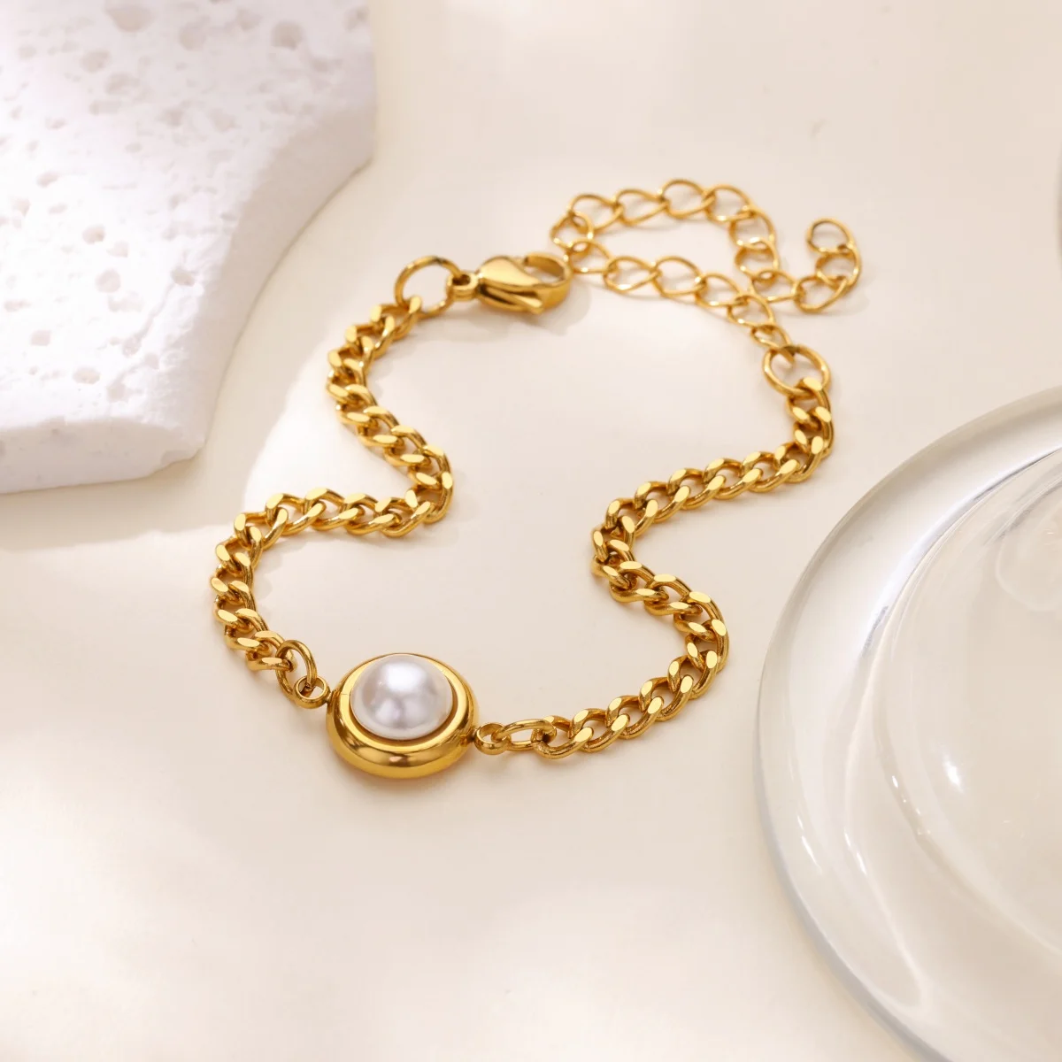 Stainless Steel Geometric Heart Cross Pearl Link Bracelets For Women Gold