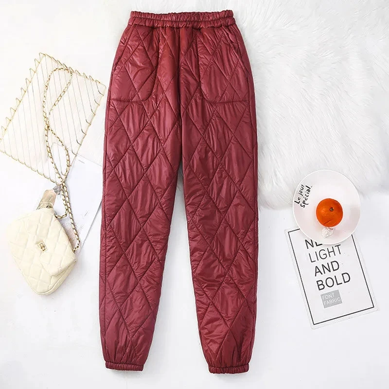 Winter Ankle Length Harem Pants Cotton Down Warm Pantalones Snow Wear Thick Trouser Solid Color Red Woman Windproof Joggers Hose