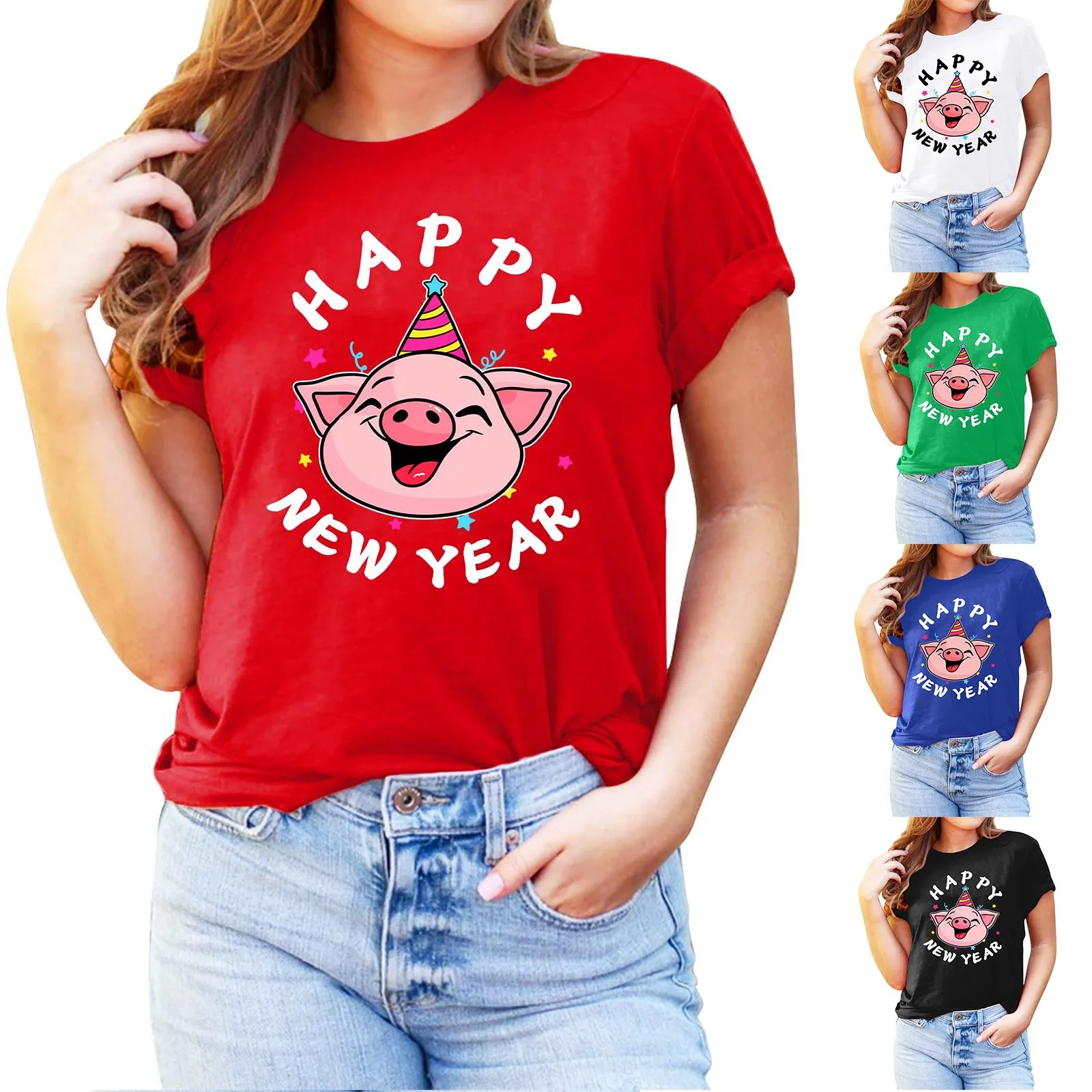 

2024 Happy New Year Cute Cartoon Lucky Pig Printed T Shirt Tops Solid Colour Casual Round Neck Short Sleeve Women's T Shirt Tops