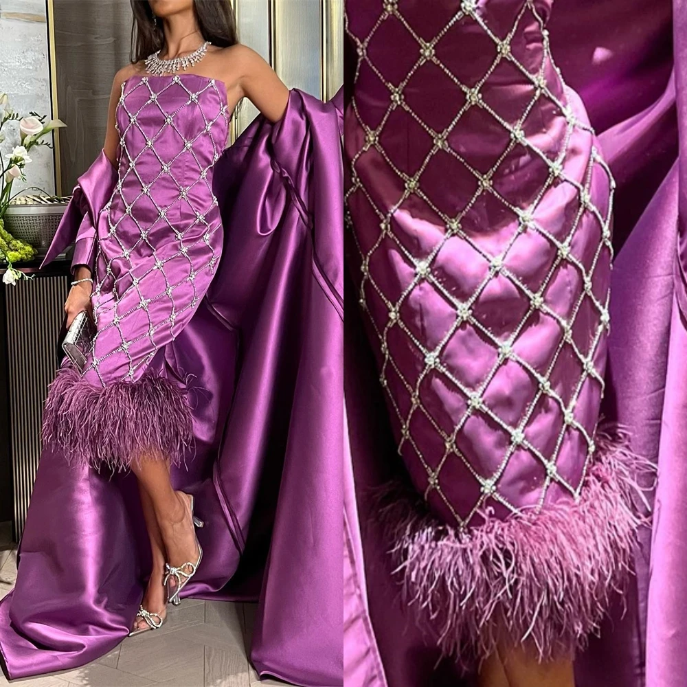 

Fairytale Prom Dresses Elegant Fashion Strapless Stole Cross Floor Length Feathers Satin Formal Evening Gowns فساتين مناسبات ชุด