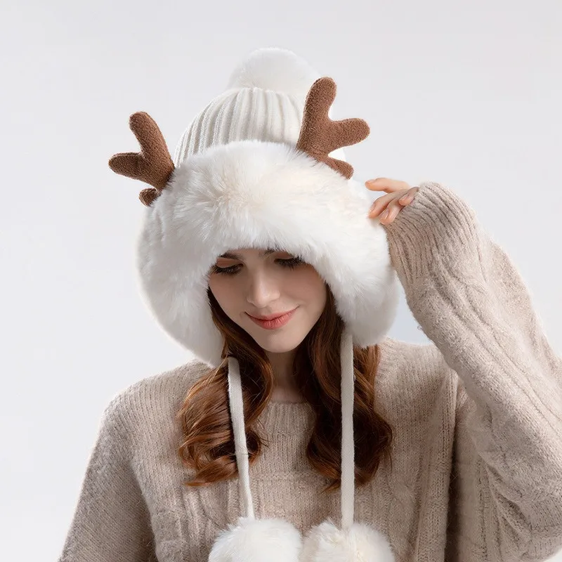 Cappelli invernali caldi lavorati a maglia, da donna, con corna di cervo, due palline, con paraorecchie, in peluche, spessi e soffici, in pelliccia_voghion.com