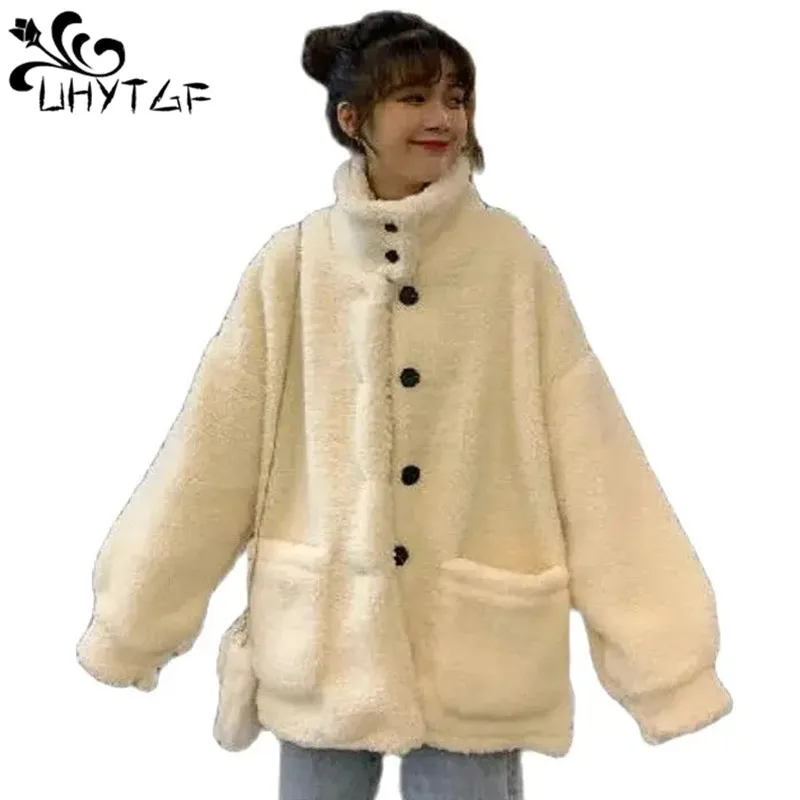 

Женское пальто из овечьей шерсти, Корейская свободная Студенческая куртка, женское однобортное плюшевое теплое пальто с карманами, верхняя одежда на осень и зиму 543