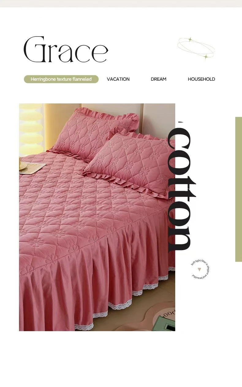 Description Picture 4 of itemLace Border Bed Skirt Mattress Protector Thickened Anti-slip Queen Double Single Bedspread Full Size Solid Color(No Pillowcase)