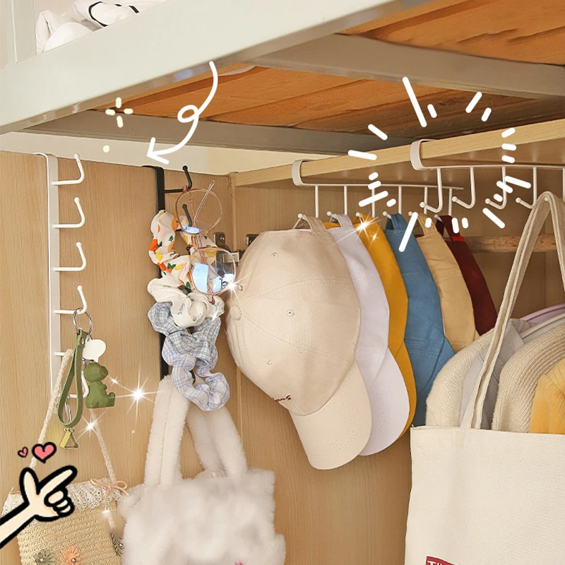 6 Hooks Storage Shelf Wardrobe Kitchen Bathroom Organizer Iron Metal Under Shelves Hanging Rack Mug Cup Utensils Holder Kitchen