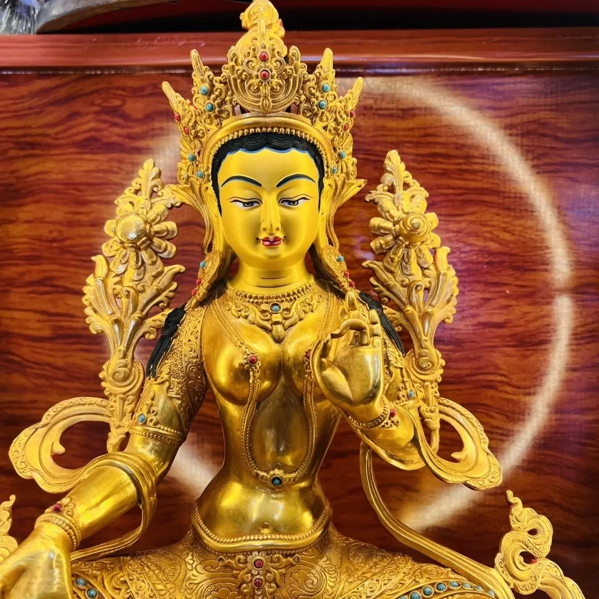 Green Tara Bodhisattva bronze statue pure copper ornament boutique Tibetan tantra Buddha statue home one foot gilt carving 3