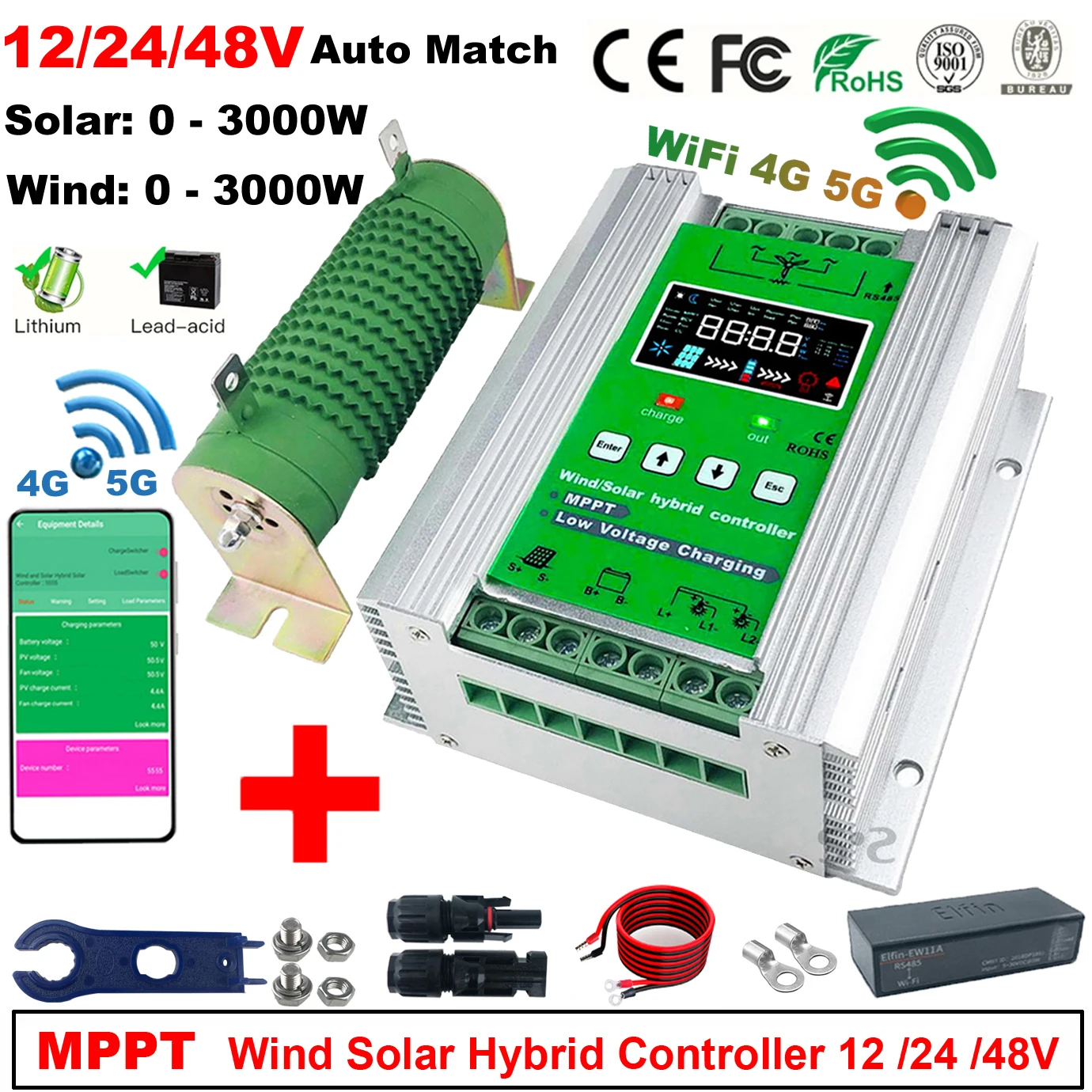 ตัวควบคุมการชาร์จพลังงานลมและพลังงานแสงอาทิตย์แบบไฮบริด 12 24V 48V 3000W 5KW พร้อม WIFI ระบบ MPPT สำหรับเครื่องกำเนิดไฟฟ้าพลังงานลม ระบบพลังงานแสงอาทิตย์ แบตเตอรี่ลิเธียม Lifepo4 และแบตเตอรี่ตะกั่วกรด 1