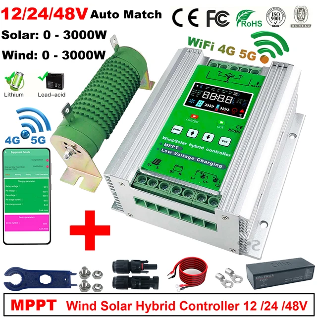 ตัวควบคุมการชาร์จพลังงานลมและพลังงานแสงอาทิตย์แบบไฮบริด 12 24V 48V 3000W 5KW พร้อม WIFI ระบบ MPPT สำหรับเครื่องกำเนิดไฟฟ้าพลังงานลม ระบบพลังงานแสงอาทิตย์ แบตเตอรี่ลิเธียม Lifepo4 และแบตเตอรี่ตะกั่วกรด 1
