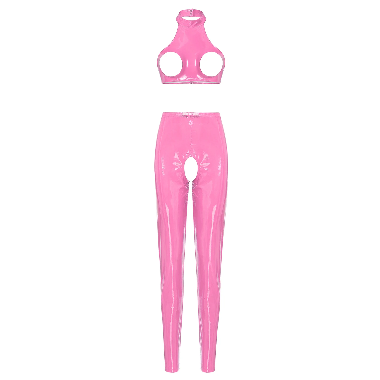 Conjunto de lencería Sexy de charol con aspecto mojado para mujer, sujetador con copa abierta recortada, Top corto con mallas de cintura alta sin entrepierna, pantalones ajustados