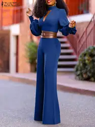 ZANZEA Women Sexy Jumpsuits 2023 Autumn Long Lantern Sleeve Hollow Out Deep V Wrap Top Wide Leg Trousers Outfits Office Playsuit
