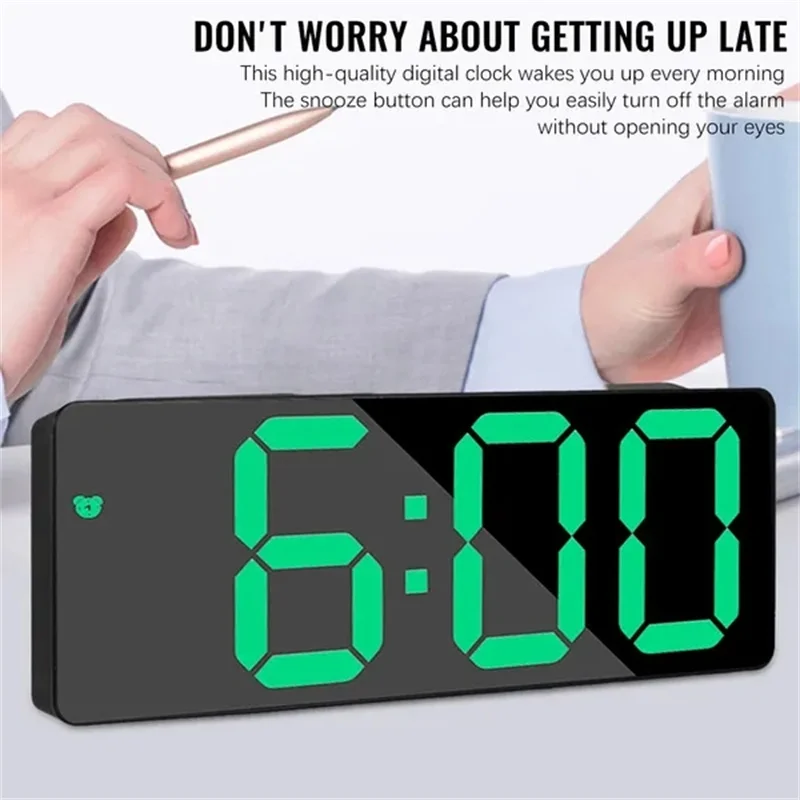 Description Picture 6 of itemLED Mirror Digital Alarm Clock Voice Control Table Clock Snooze Function 3 Brightness Adjustable 12/24H Electronic LED Clocks
