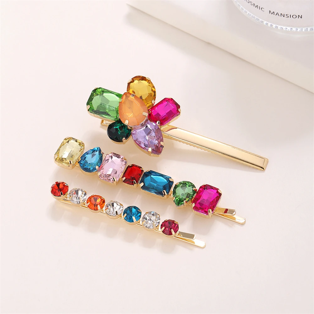 

Colorful Crystal Flower Geometric Hair Clips Women Luxury Rhinestone Barrettes Edge Bangs Clip Hairpins Hair Jewelry Accessories