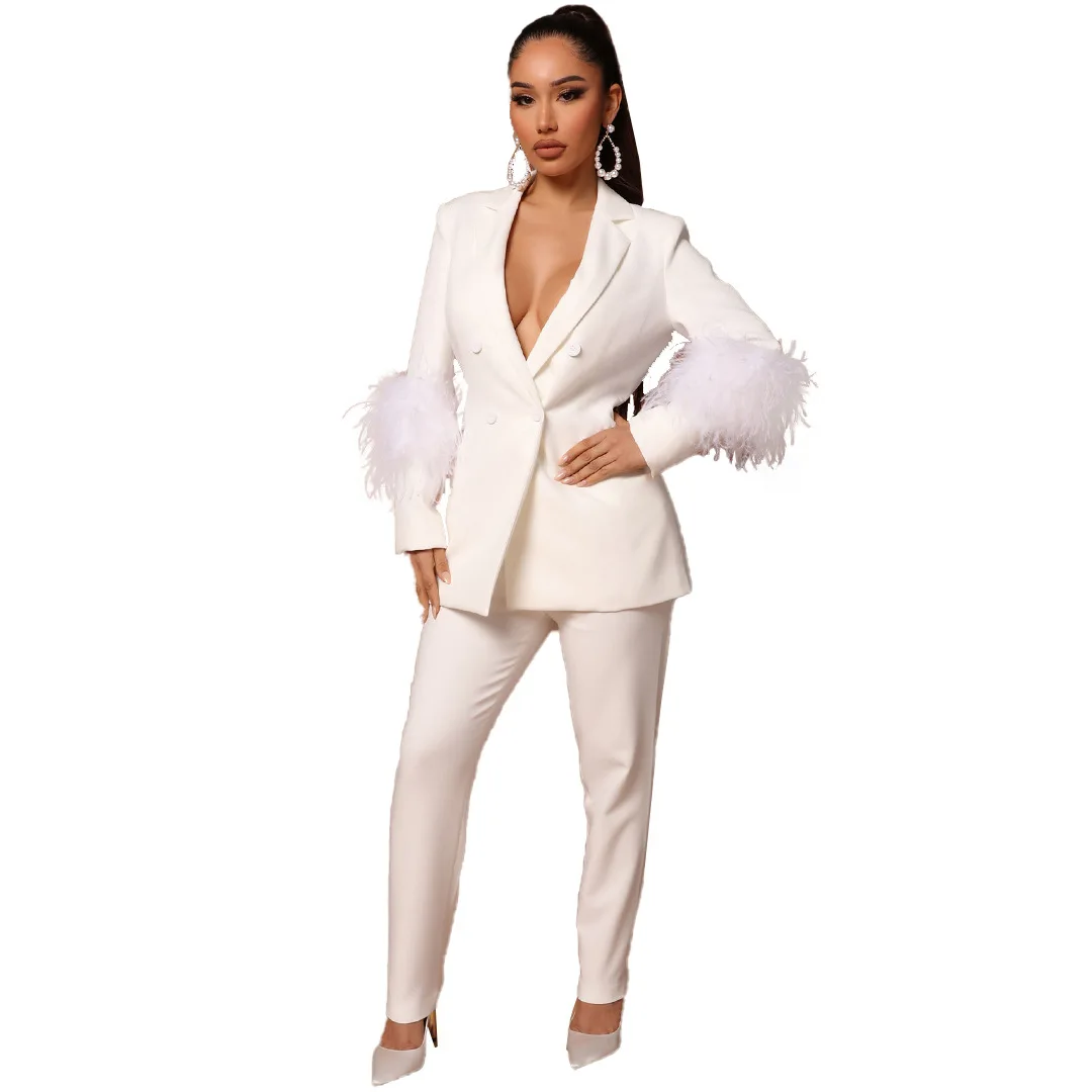 Getspring Women Blazer Set Feathers Splicing Rose Red Blue White Blazer  Coats Vintage Fashion Straight Pants Two-piece Suit 2023