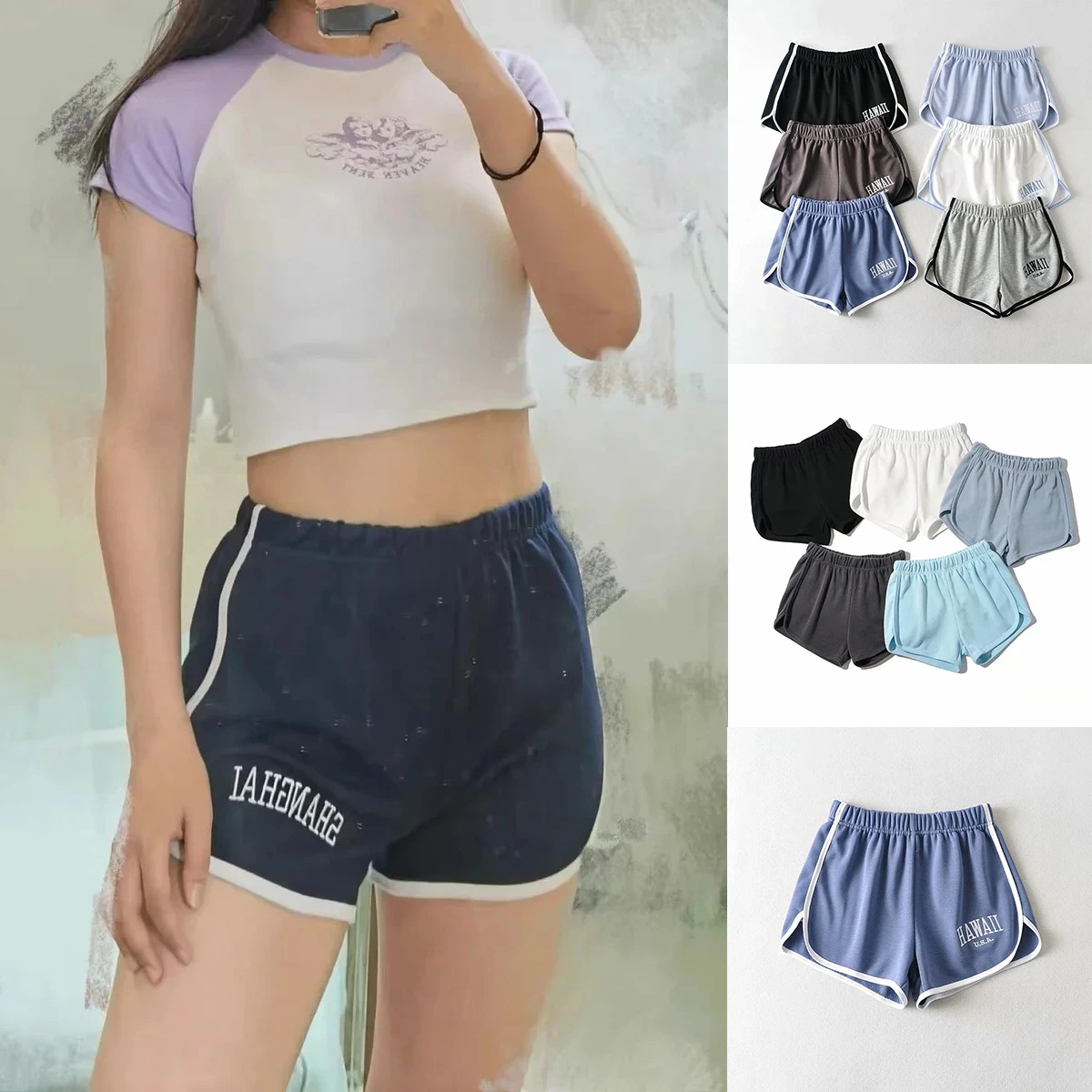 Pantalones cortos deportivos para mujer, Shorts elásticos bordado de letras, a la moda, para chicas| | - AliExpress