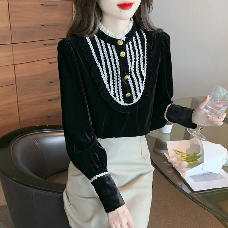 

Autumn Winter New Fashion Elegant Standing Neck Long Sleeved Blouse Casual Versatile Western Solid Color Clothing Women Shirts