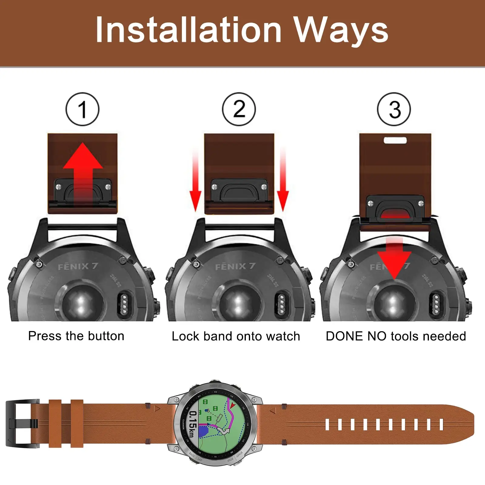 Band for Fenix 7 Sapphire Solar /6 Pro/ 5 Plus, 22 mm Quick Release Easy Fit Leather Strap for Garmin Approach S62/Forerunner 94