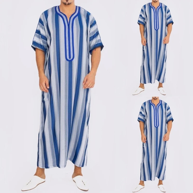 Muslim Clothing for Men Short Sleeves Robe Kaftan Male Middle East Jubba Thobe