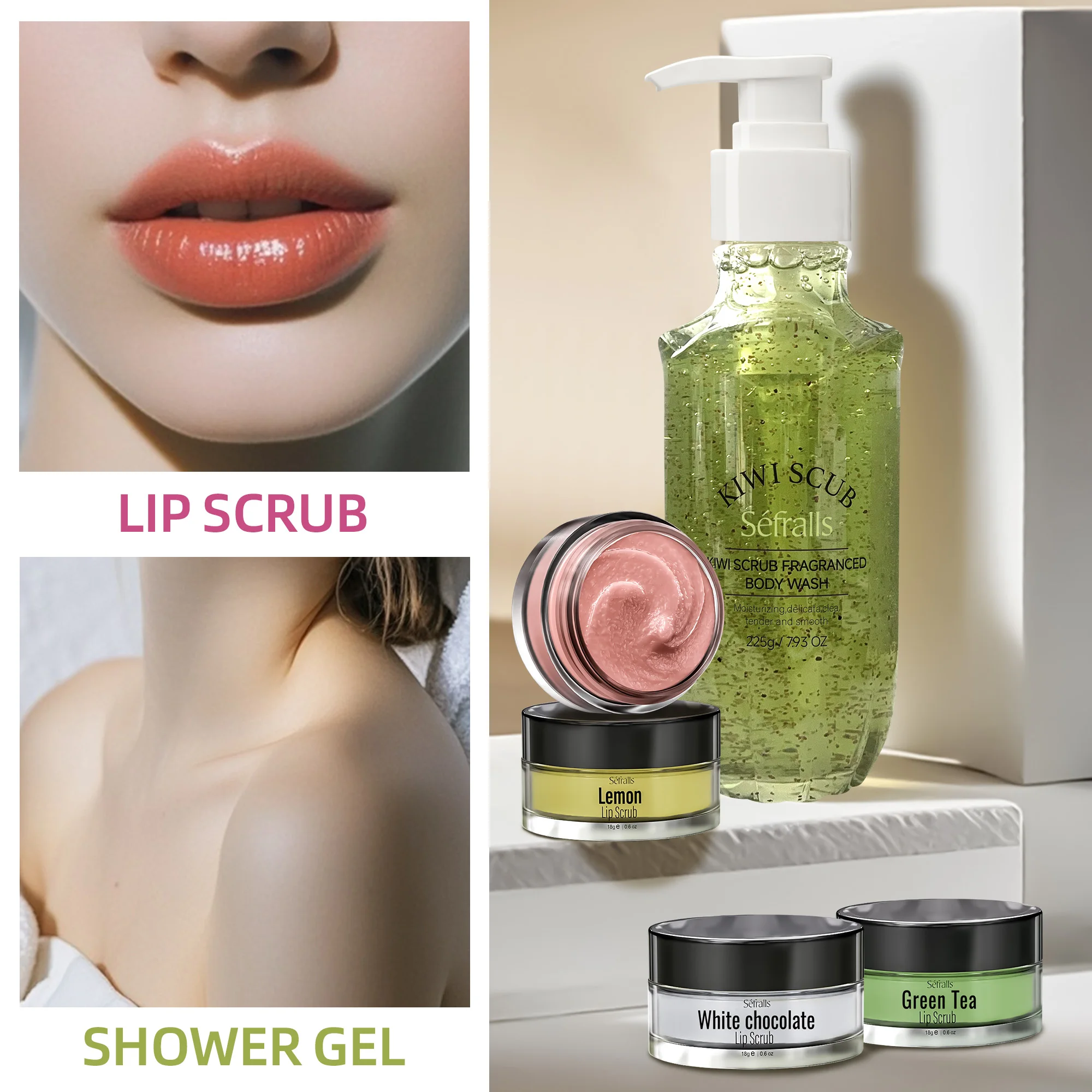 4-Piece Lip Scrub and Kiwi Shower Gel Set Moisturizing and Exfoliating Silky Glossy Ideal Travel Essentials S&eacute;fralls
