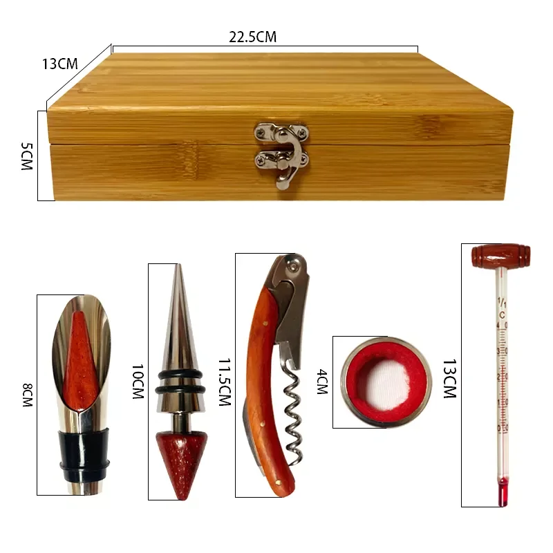 5pcs Bar Tools Wine Bottle Corkscrew Opener in Pourer Wooden Box 5 Pieces Kit Wine Accessories Gift Set with Bamboo