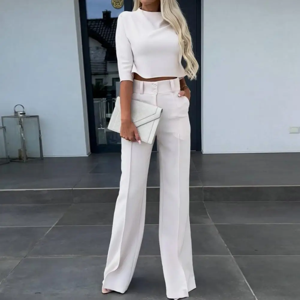 

Women Pants Top Set Stylish Women's 2-piece Suit Solid Color Wide Leg Pants Crop Top Set for Chic Commute Women Top Trousers Set