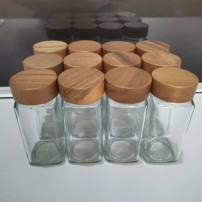 4Pcs Acacia Wood Cover Seasoning Jar Square Transparent Glass