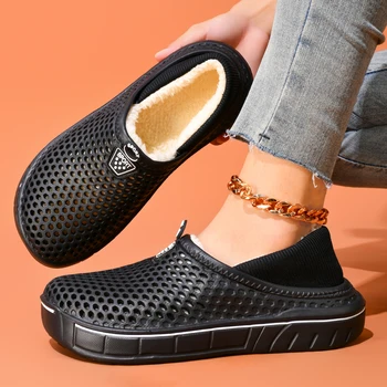 Winter Couple Slippers with Enclosed Back Outdoor Indoor Plush Fleece Lined Anti-Slip Home Shoes for Women Men Solid Color Simpl 1