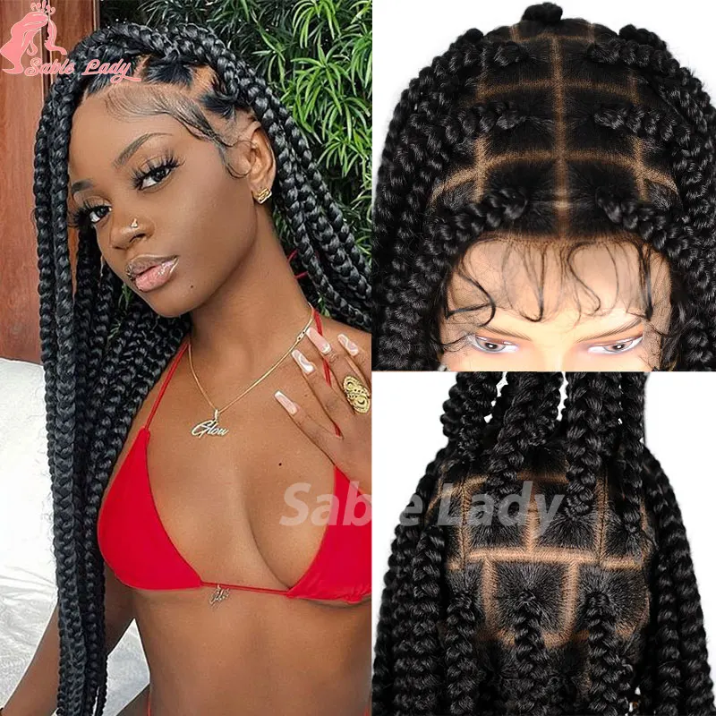 Synthetic Knotless Box Braided Wigs For African Black Women Large Box Full Lace Wigs 36" Cornrow Lace Frontal Braiding Hair