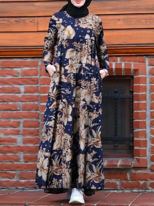 

Retro Dubai Abaya Turkey Hijab Dress Women Vintage Floral Printed Maxi Sundress Summer Long Sleeve Kaftan Muslim
