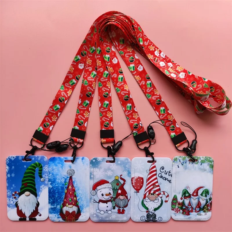 Merry Christmas Cartoon Gnomes Lanyard ID Card Holder Office Worker Cardholder Horses Credit Card Case Protector Christmas Gift Wallet Card Holder