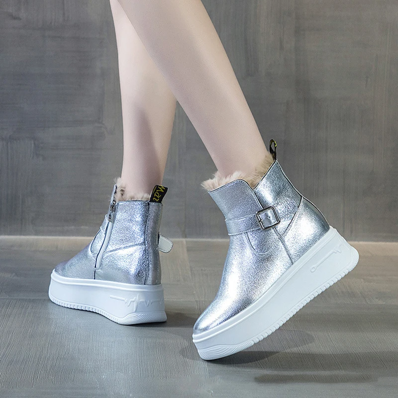 7.5CM Thick Sole Women New Zipper Thicked Plush Snow Boots Fashion Winter Autumn Ladies Hidden Heels Plush Warm Females Shoes