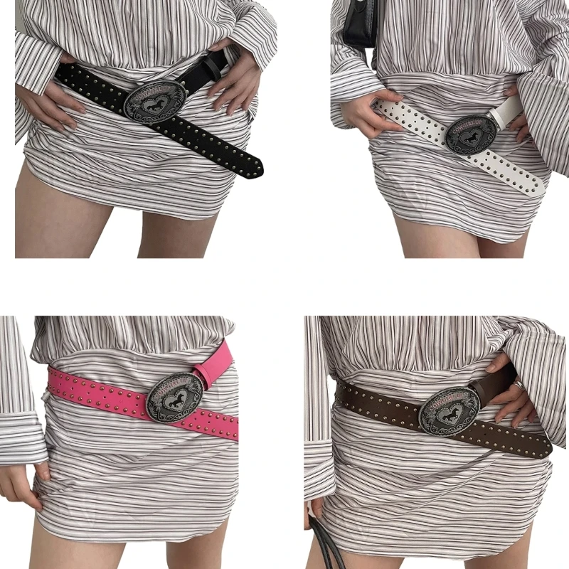 

Ladies Relief Pattern Buckle Waist Belt Rivet Belt for Dress Jeans Adjustable