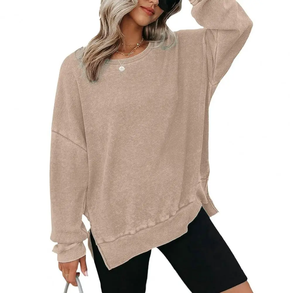 

Commuter Style Sweatshirt Oversized Waffle Knit Crewneck Sweatshirts Women's Casual Pullover Tops with Long Sleeves Side Slits