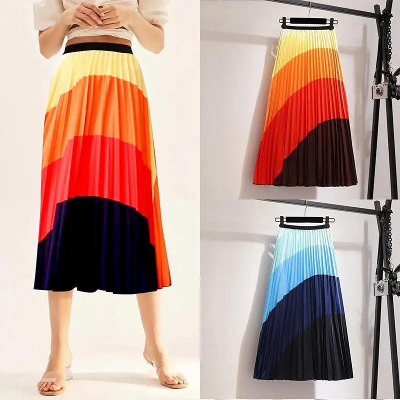 

Повседневная плиссированная Длинная Юбка-миди для женщин, корейские женщины, трапеция с принтом, высокая талия, средняя длина, женская уличная одежда, лето, 2023 г.