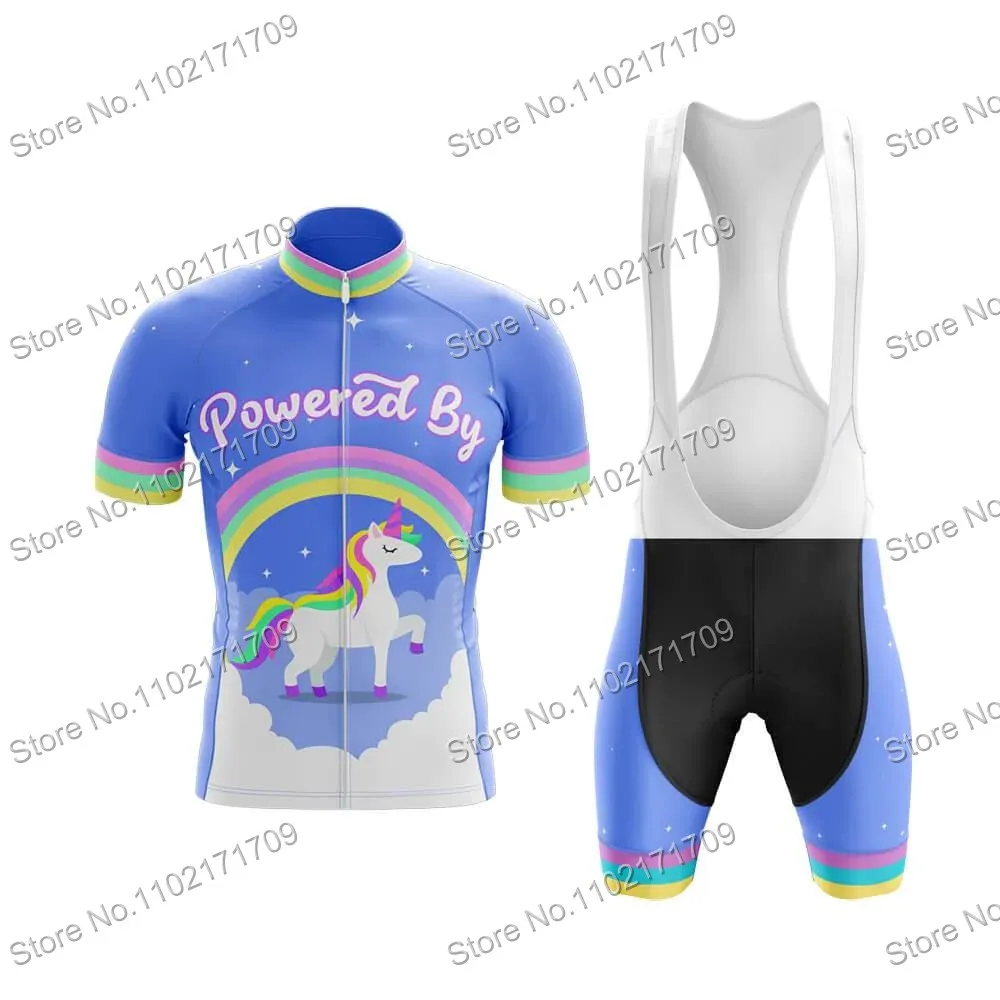 Power By Unicorn Cycling Jersey Set Short Sleeve Unicorn Bicycle Clothing Blue Summer Bib Shorts Kits MTB Maillot Ropa