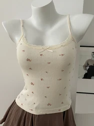 Floral Eyelet Lace - Trim Bow Tank Top - Women's Slim Cotton Camisole - One Size (Red floral - Apricot)