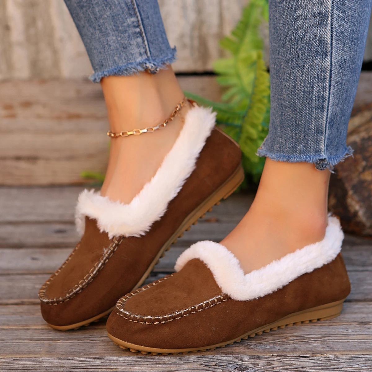 Aphixta Soft Furry Loafers Flat With Women Shoes Slip On Sewing Casual Round Toe Flats Woman Classic Shoe Autumn Winter Loafers