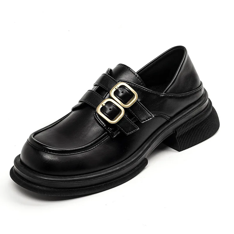 2023 Spring New Women's Leather Shoes Black Loafers Fashionable Metal Decoration Middle Heel Banquets and Offices Casual Shoes