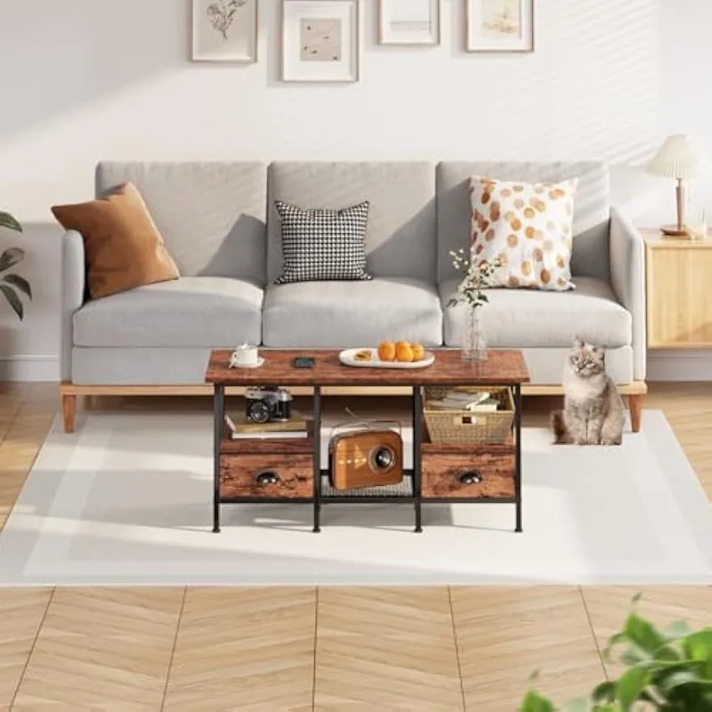 Coffee Table with 2 Fabric Drawers, 35inch Small Coffee Table for Living Room, 2-Tier Central Table 	Rustic Brown 2